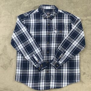 SOLD-Smiths Workwear Men's Navy Blue Plaid Flannel‎ Button Down Shirt Size L